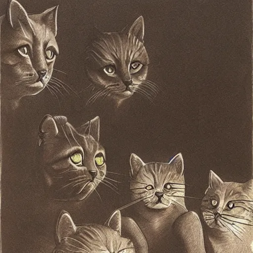 Prompt: a group of cats playing with human heads, drawing by zdzislaw beksinski