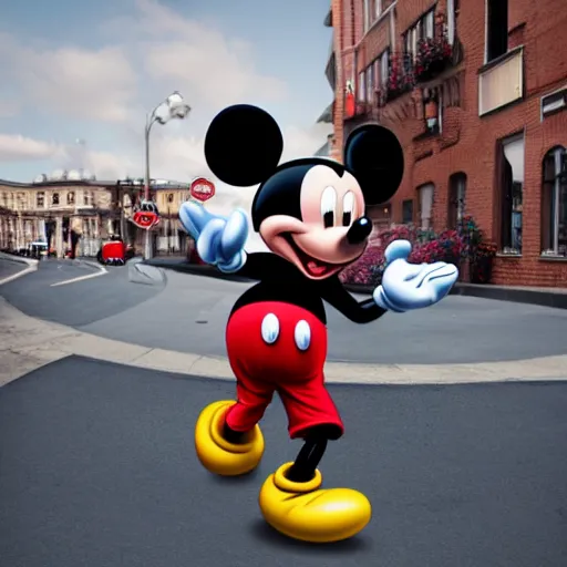 Image similar to Mickey mouse running through town scaring people, realistic, photograph