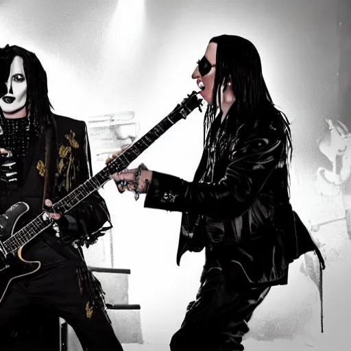 Prompt: A photorealistic photograph of Johnny Depp and Marilyn Manson performing on stage in a band. Trending on Artstation, featured on Behance, well-rendered, intricate, highly detailed, very crispy, Unreal Engine, 4K HD