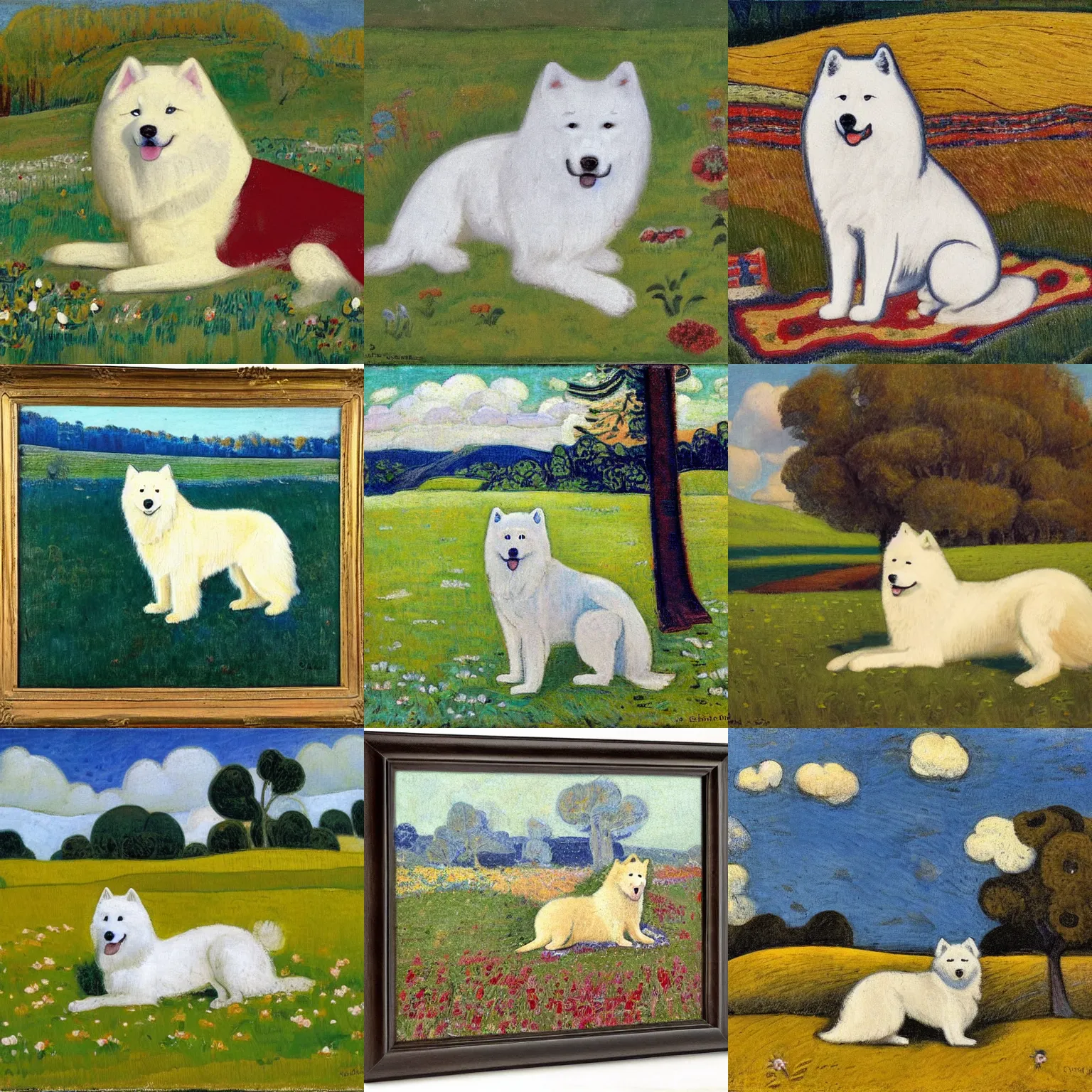 Prompt: a samoyed dog sitting in the middle of sunny meadow, by gustave de smet