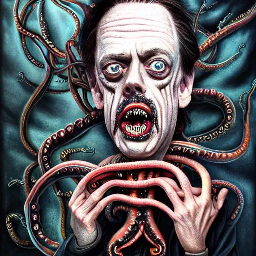 Image similar to steve buscemi's horror version. an unnatural abomination with long teeth, many tentacles, and gray skin. grunge, horror, dmt, dark and muted colors, detailed airbrush art, by yves klein