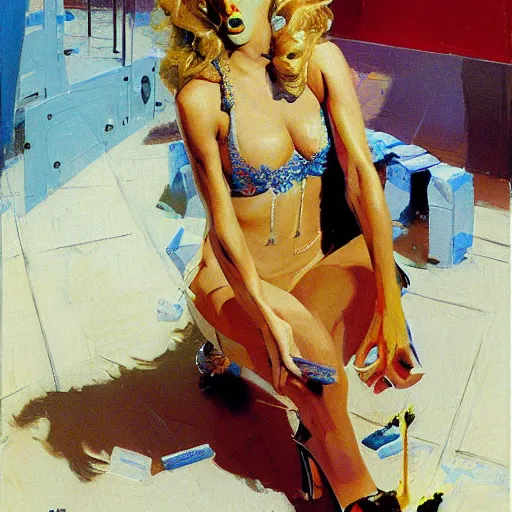 Prompt: drag queen licks the powder, lies on the parquet by john berkey