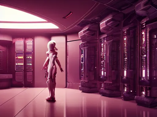 Image similar to high detailed porcelain android with in sci - fi server room. cyberpunk intricate, elegant, by greg rutkowski, conrad roset, takato yomamoto, james jean, rule of thirds, seductive look. octane render from odyssey 2 0 0 1 by stanley kubrick and mendosa