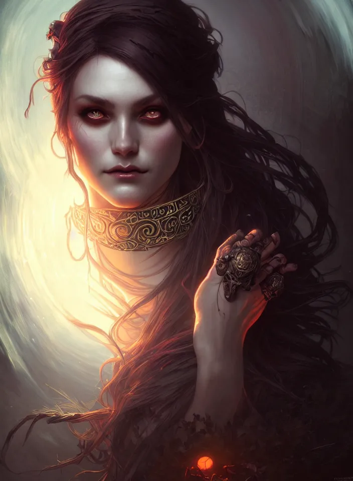 Image similar to Necromancer Sorceress face in center, fantasy magic, undercut hairstyle, dark light night, intricate, elegant, sharp focus, illustration, highly detailed, digital painting, concept art, matte, art by WLOP and Artgerm and Greg Rutkowski and Alphonse Mucha, masterpiece