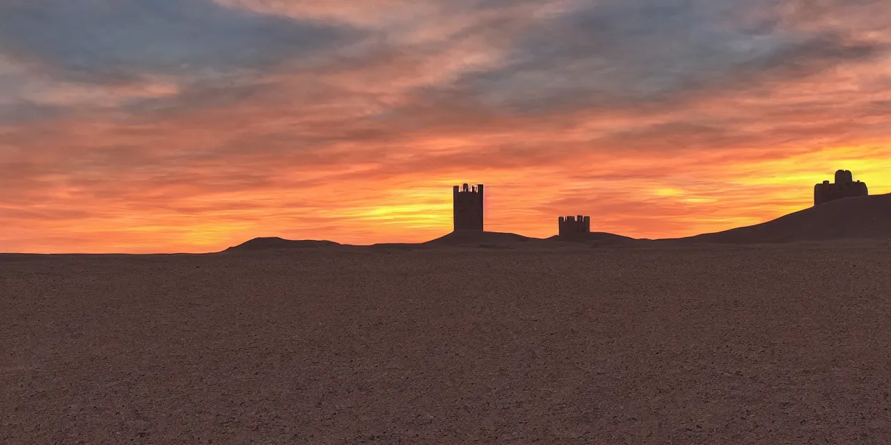 Prompt: sunset on a desert, eldritch tower in the middle distance, green tinged sky with a red sun