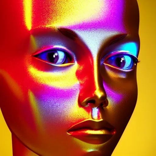 Image similar to 3d render of holographic human robotic head made of glossy iridescent, surrealistic 3d illustration of a human face non-binary, non binary model, 3d model human, cryengine, made of holographic texture, holographic material, holographic rainbow, concept of cyborg and artificial intelligence