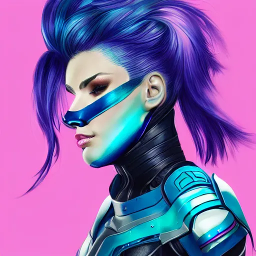 Prompt: a stunning upper body portrait of a beautiful young woman wearing futuristic navy blue and teal battle bodyarmor with pauldrons and luminescent fine lines and ombre purple and pink hairstyle with hair blowing in the wind, by marvel comics, highly detailed, fine detail, intricate, digital art, trending on artstation