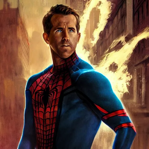 Image similar to ryan reynolds as spider - man, wearing a black and blue suit, cinematic, volumetric lighting, f 8 aperture, cinematic eastman 5 3 8 4 film, photorealistic by greg rutkowski, by stanley artgerm, by alphonse mucha