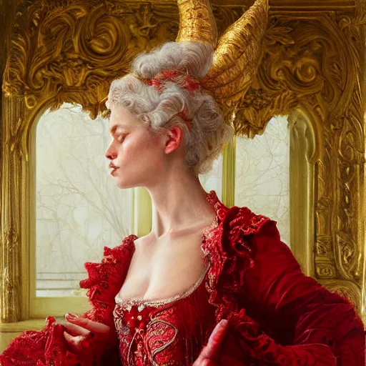 Prompt: portrait of a red sorcerer, sharp focus, baroque, rococo, highly detailed, intricate, white, regal clothing, gold ethereal light, by livia prima
