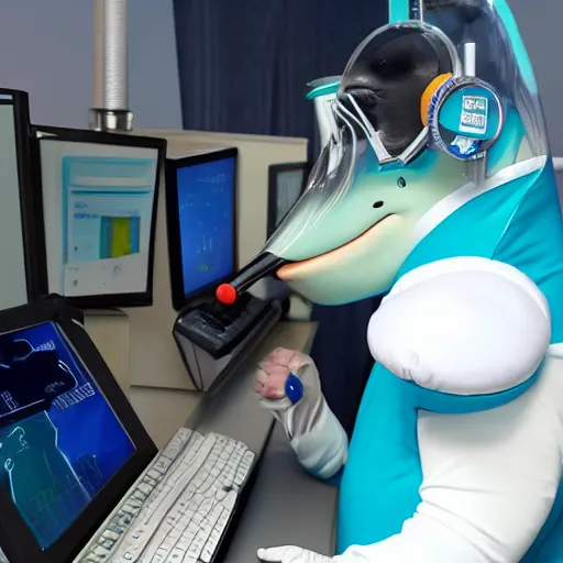 Image similar to An anthropomorphic dolphin dressed as a chemist, playing games on a computer