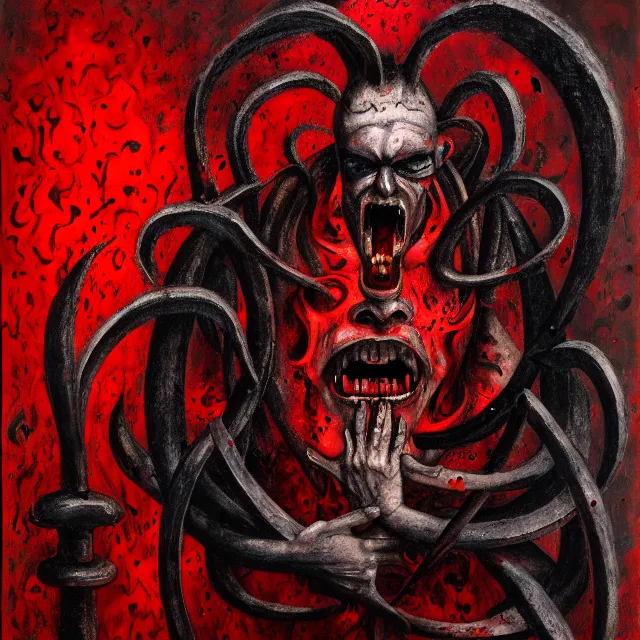 Image similar to alexandr abdulov, hell, pain, gate, cry, red eyes