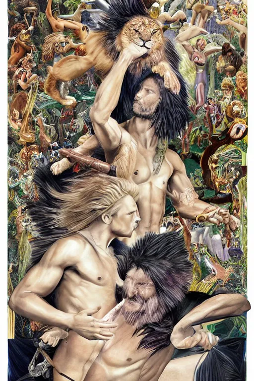 Prompt: hyperreality illustrator from karah mew in collaboration with jennifer mccord and tetsuya nomura, depicting hercules against the cremean lion, this image is very detailed, very realistic, incrinate, boroque, complex, and also very aesthetic, winning an award as the best pop art illustration of this century.