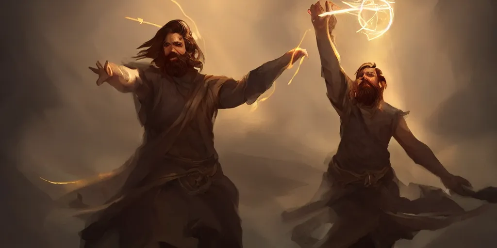 Image similar to a handsome brown hair bearded male sorcerer, he is casting a lighting spell, waist up, light rays, bloom, epic composition, dramatic lighting, concept art, cinematic, trending on artstation