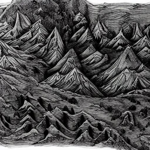 Image similar to mountains an trees in fantasy map style, high detailed drawing, drawing on wihte paper