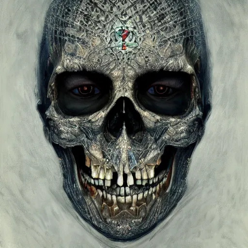 Prompt: A very detailed horrifying portrait painting of the prince of death, crystal patterned skin, crystal teeth, occult, 8k, trending on artstation cgsociety, masterpiece, in the style of DiscoDiffusion.