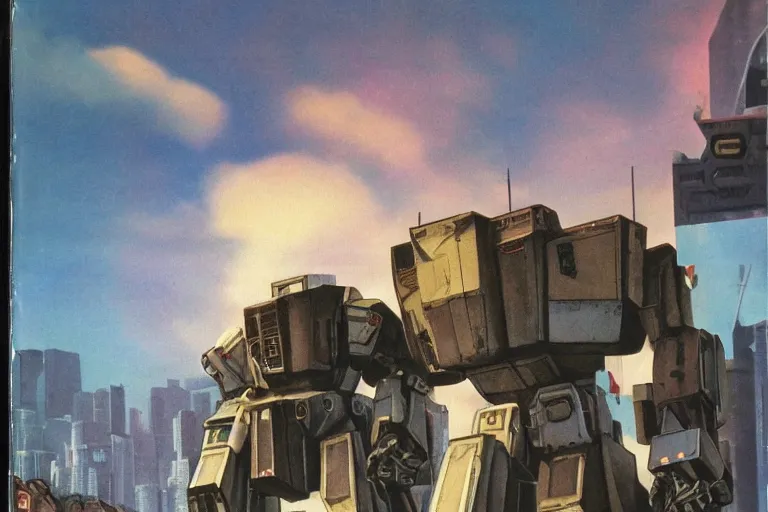 Prompt: 1 9 7 9 science fiction focusing on mechwarrior posing at street level in with beautiful scenery. depth of field art by tim conrad and vic bonilla