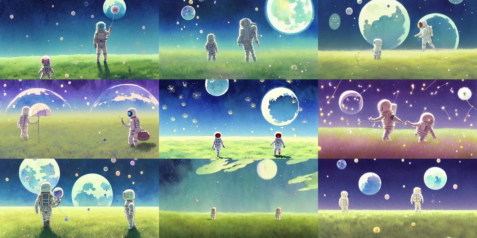 Prompt: a wholesome animation key shot of a lonely astronaut taking the first step on the grass moon, studio ghibli, pixar and disney animation, sharp, disney concept art watercolor illustration by mandy jurgens and alphonse mucha and alena aenami, pastel color palette, dandelion seeds float, gloom, dramatic lighting