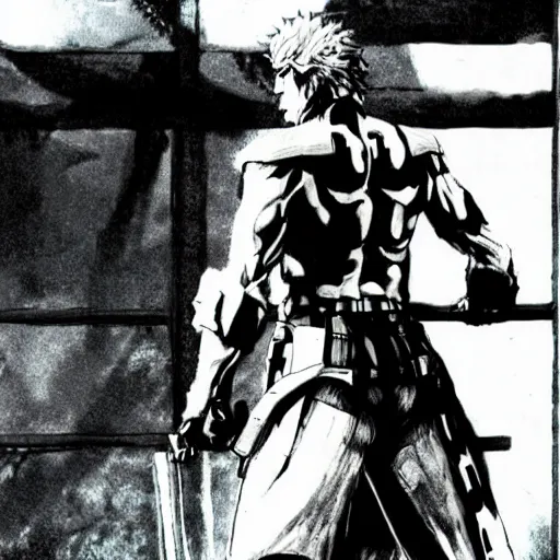 Image similar to snake from metal gear solid dressed as afro samurai, 35mm grainy film photography