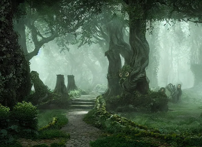 Prompt: secret garden, pathway, scary monster statues, trees with faces, in the style of pan's labyrinth movie, spooky, very dark, concept art, unreal engine 5, matte painting, artstation, caspar friedrich