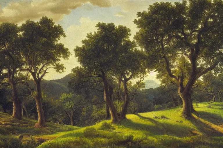 Prompt: masterpiece painting of oak trees on a hillside overlooking a creek, dramatic lighting, by franklin carmichael