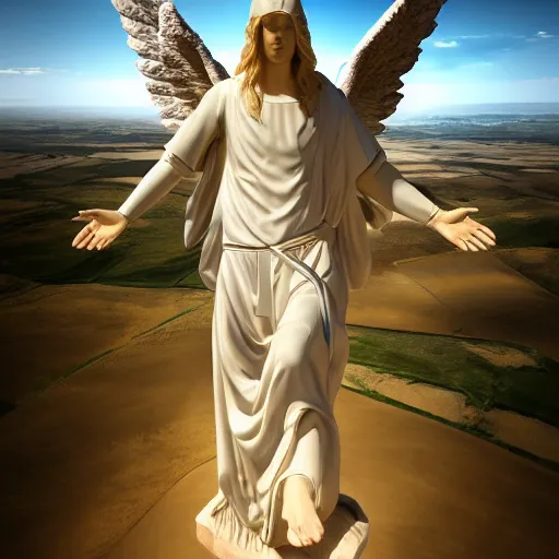 Image similar to gigantic biblical depiction of an angel towering over a vast landscape, cinematic, realistic, geometric body, photorealistic, detailed, white body, global illumination, volumetric lighting, 8 k, god rays, beautiful, majestic clouds