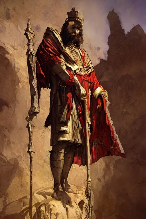 Image similar to a full body portrait of the ancient historical biblical evil pagan king ahab of Israel by craig mullins and marc simonetti, Ross Tran and WLOP, by Andrew Wyeth and Gerald Brom, In the style of John singer Sargent and James gurney, ARTSTATION, cgsociety, polycount, character design, CINEMATIC, AWE INSPIRING, BEAUTIFUL, ART GERM