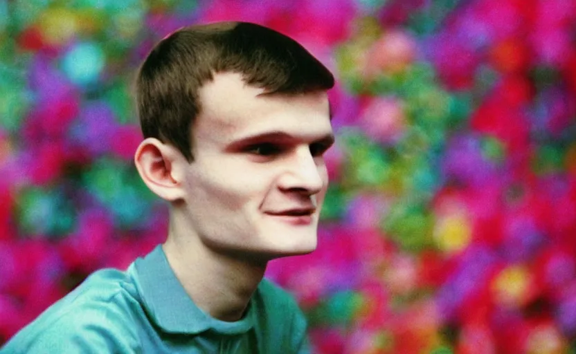 Image similar to a dreamy retro 8 0 s photo of vitalik buterin, bloomy, colorful, awesome