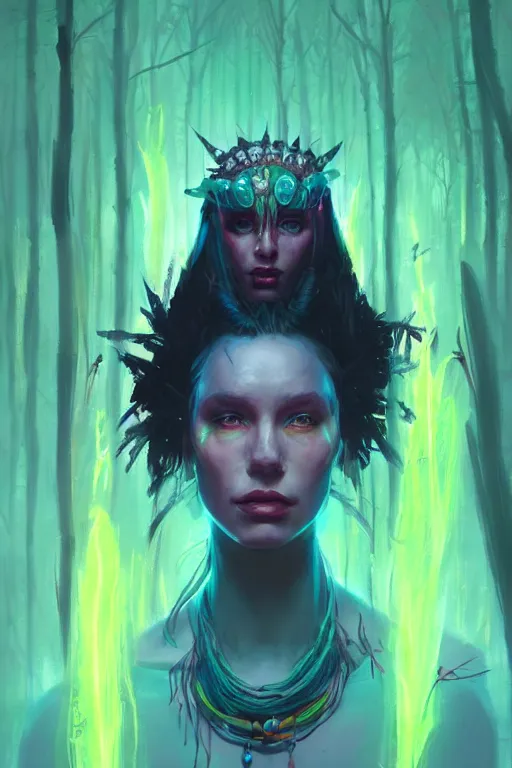 Prompt: Portrait of Shaman Queen in neon forest, digital art from artstation by Andreas Rocha and Greg Rutkowski and Peter Mohrbacher