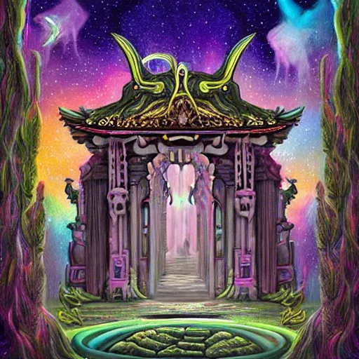 Prompt: a beautiful painting of a haunted unicorn temple, by hr giger, lisa frank, josan gonzalez, chibi, artstation