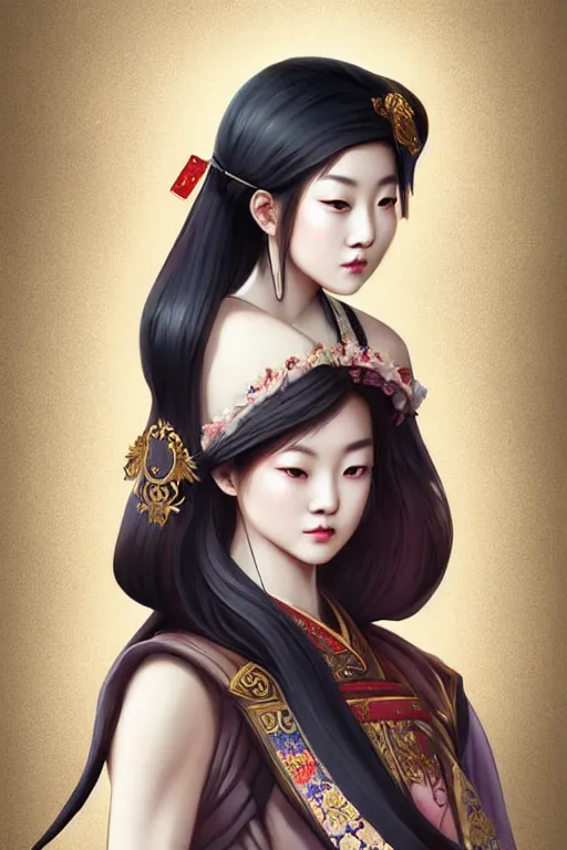 Image similar to a lovely and shiny young empress of qing dynasty, face by artgerm, ross tran, fuji choko, loish, 8 k resolution, attractive, symmetrical portrait, beautifully detailed landscape of ruin, trending on pixiv and pinterest, charming black eyes, luxury, perfect face, smooth, dreamlike