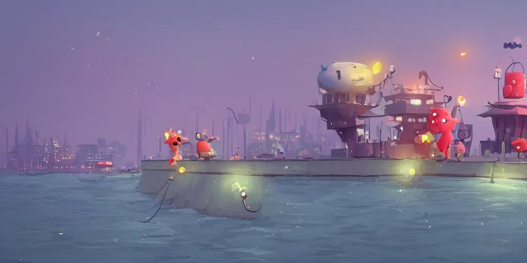 Prompt: cute cartoon monsters fishing on a pier by Goro Fujita and Simon Stalenhag , 8k, trending on artstation, hyper detailed, cinematic