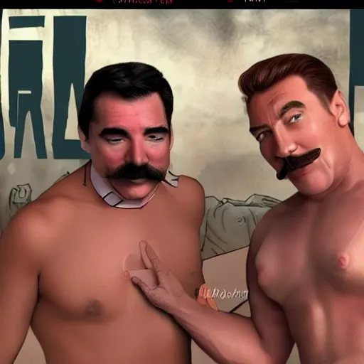 Image similar to lgbt art, tom of finland style, stalin, in billy herrington body, gay, funny art, communism, art in 4 k, high quality