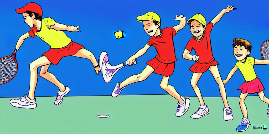 Prompt: comic digital art of kids playing tennis by marvel