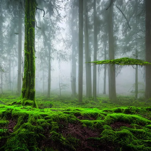 Image similar to Foggy forest with huge trees overgrown with moss and lianas, a hunter with weapons in diesel-punk style cautiously walks between the roots. 4K 64 megapixels 8K resolution DSLR filmic HDR Kodak Ektar wide-angle lens 3D shading Behance HD CGSociety Cinema 4D IMAX shadow depth rendered in Blender Unreal Engine hyperrealism photoillustration, lots of reflective surfaces, subsurface scattering