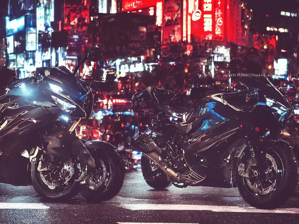 Prompt: a Photorealistic hyper realistic dramatic moody Low angle night time close up render of a lone biker speeding on a GSX R1000 in the middle of busy shibuya crossing Tokyo by Greg Rutkowski,katsuhiro Otomo,WLOP,Artgerm Bright vibrant colors with multiple long light trails,Beautiful dramatic moody tones and lighting,cinematic atmosphere,photorealism,8K