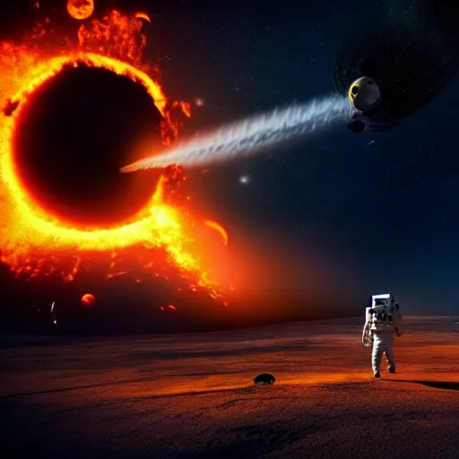Prompt: astronaut stranded on planet, destroyed ship that is crash landing, exploding planet in background, fire, white smoke, impending fear, 4 k, dystopian, lonely, isolated space station in space, sci - fi, crash landing, asteroids.