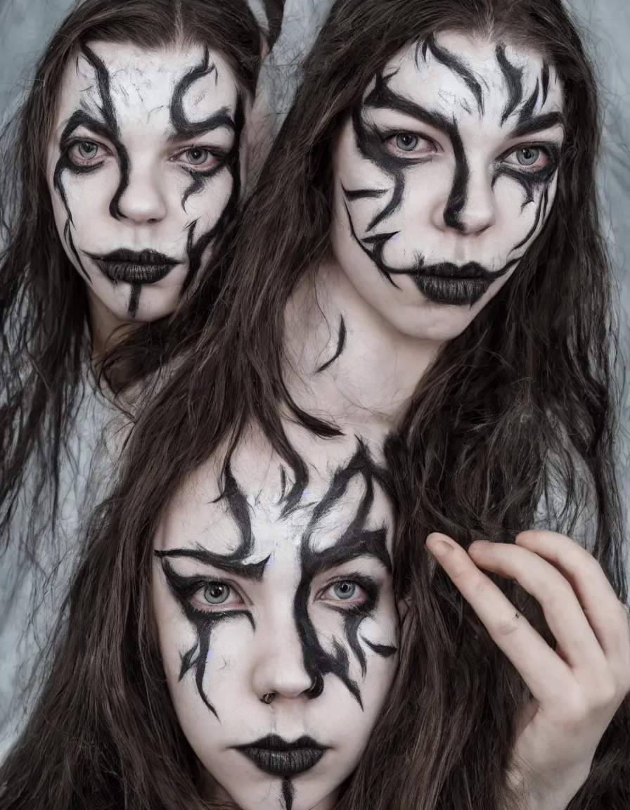 Prompt: anya taylor joy, black metal face paint, hyper-realistic, 4k, glamour photoshoot