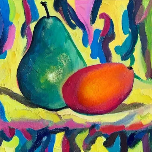 Prompt: Beautiful Glossy impasto oil painting of a Bosc Pear on a prismatic tablecloth painted by Joan Mitchell