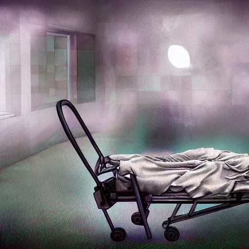 Image similar to I woke up in pieces, hospital bound, surreal, fantasy, digital art