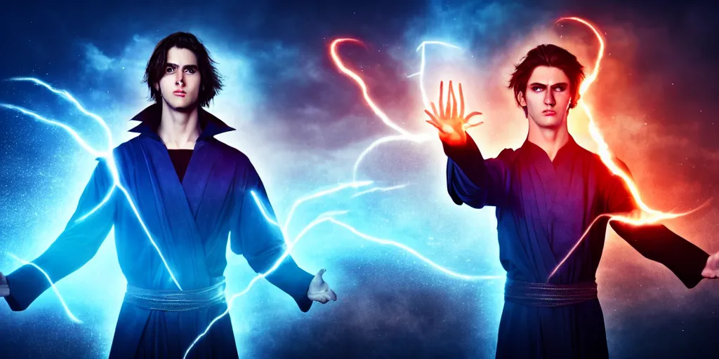 Prompt: epic scene of a handsome male sorcerer with brown hair, he is casting a blue and red spell that is emanating from his hands, heroic pose, medium shot, waist up, epic composition, post processing, cinematic poster