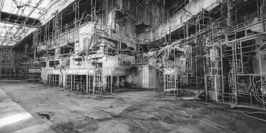 Image similar to A photograph of the inside of the chernobyl nuclear reactor, Kodak TRI-X 400 135mm