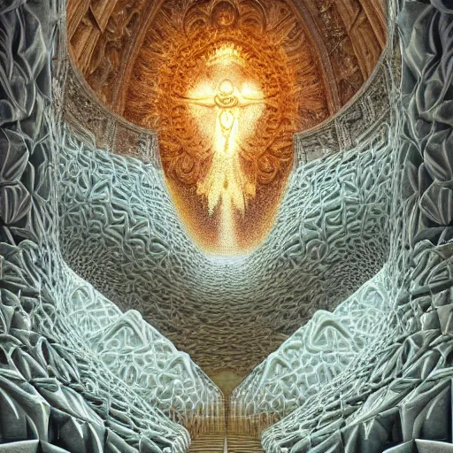 Image similar to a beautiful 3 d painting of a huge sprawling fractal cathedral interior populated by mandelbrot fractals by android jones, unreal engine, carved stone, carved soap, white color scheme, volumetric lighting, octane render, dramatic lighting, glowing, carved marble, opalescent, sacred geometry, religious, angelic, catholicpunk, stark, 8 k, ultra detailed