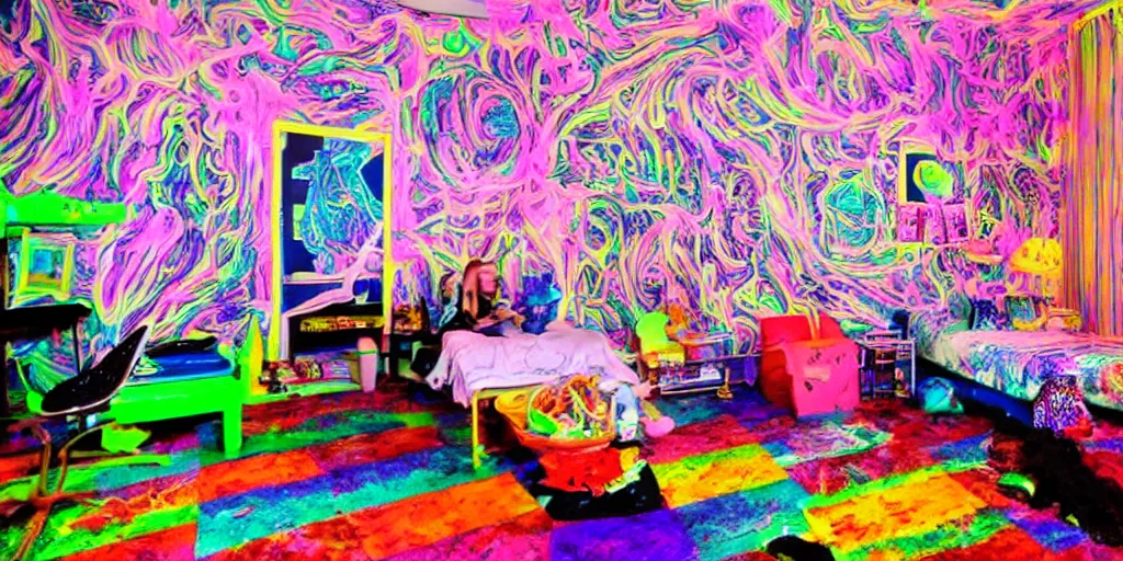 a cluttered psychedelic 90s room with a blacklight and | Stable Diffusion