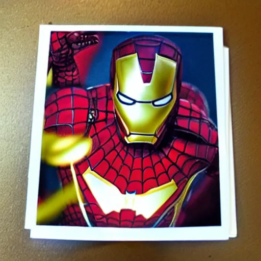 Image similar to a single iron man and spider - man hybrid, dslr, polaroid