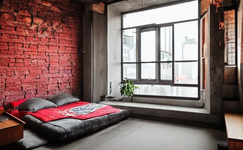 Prompt: maximalist interior of a japanese bedroom, concrete, neon signs, old brick walls, rough wood, grey, anthracite, red, akihabara style, swedish style, window with a view of apartment blocks