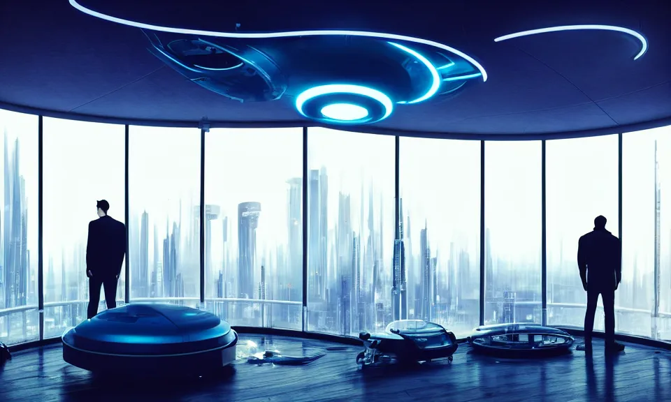 Image similar to a futuristic bedroom with large curved ceiling high windows looking out to a far future cyberpunk cityscape, a man standing at the window, flying futuristic drones outside, cyberpunk neon lights, raining, scifi