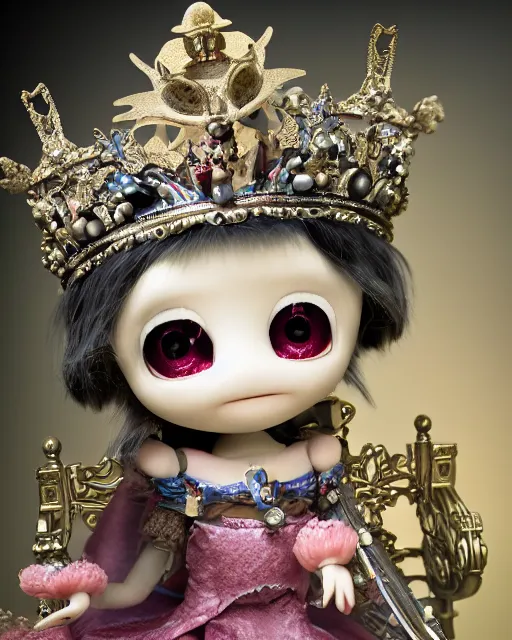 Prompt: highly detailed closeup, face profile portrait of a tin toy fumo plush anime goth fairytale princess wearing a crown and sitting on a throne, bikini, depth of field, nicoletta ceccoli, mark ryden, lostfish, dan decarlo, bob clampett, max fleischer, detailed and intricate environment, 8 k resolution, hyperrealistic, octane render