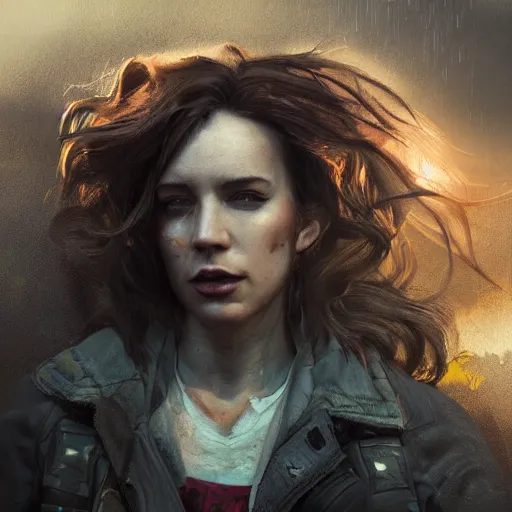 Image similar to fallout 5, charismatic beautiful rugged brunette female protagonist, portrait, outdoors ruined cityscape, atmospheric lighting, painted, intricate, volumetric lighting, beautiful, daytime, sunny weather, few clouds, sharp focus, deep colours, ultra detailed, by leesha hannigan, ross tran, thierry doizon, kai carpenter, ignacio fernandez rios
