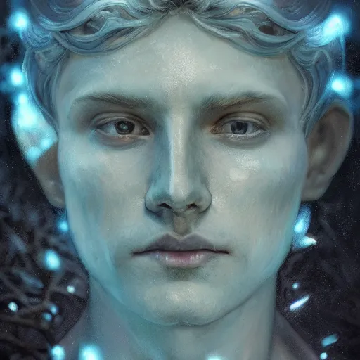 Image similar to a close - up portrait of an androgynous handsome male snow elf in a turquoise cape and silver armour, albino skin, winter vibes, elegant, very coherent symmetrical artwork, by tomasz alen kopera and alphonse mucha and charlie bowater, photorealistic, sharp focus, octane render, rtx, hdr, unreal 5, trending on artstation