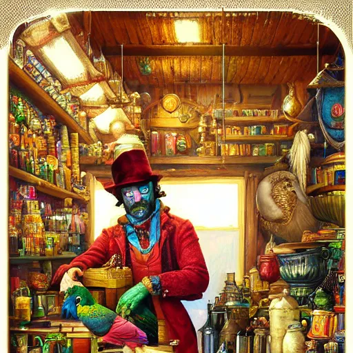 Image similar to Anthropomorphized parrot trader in his shop, shelves full, shining warm lamp, shelves full, selling a gem, portrait, items, magic potions, carpet, window, fancy funny hat, sly expression , cunning expression, cute expression, presenting magic gem, D&D, fantasy, cinematic lighting, highly detailed, digital painting, artstation, concept art, smooth, sharp focus, illustration, warm light, cozy warm tint, magic the gathering artwork, volumetric lighting, 8k, no gold, no gold colours, art by Akihiko Yoshida, Greg Rutkowski